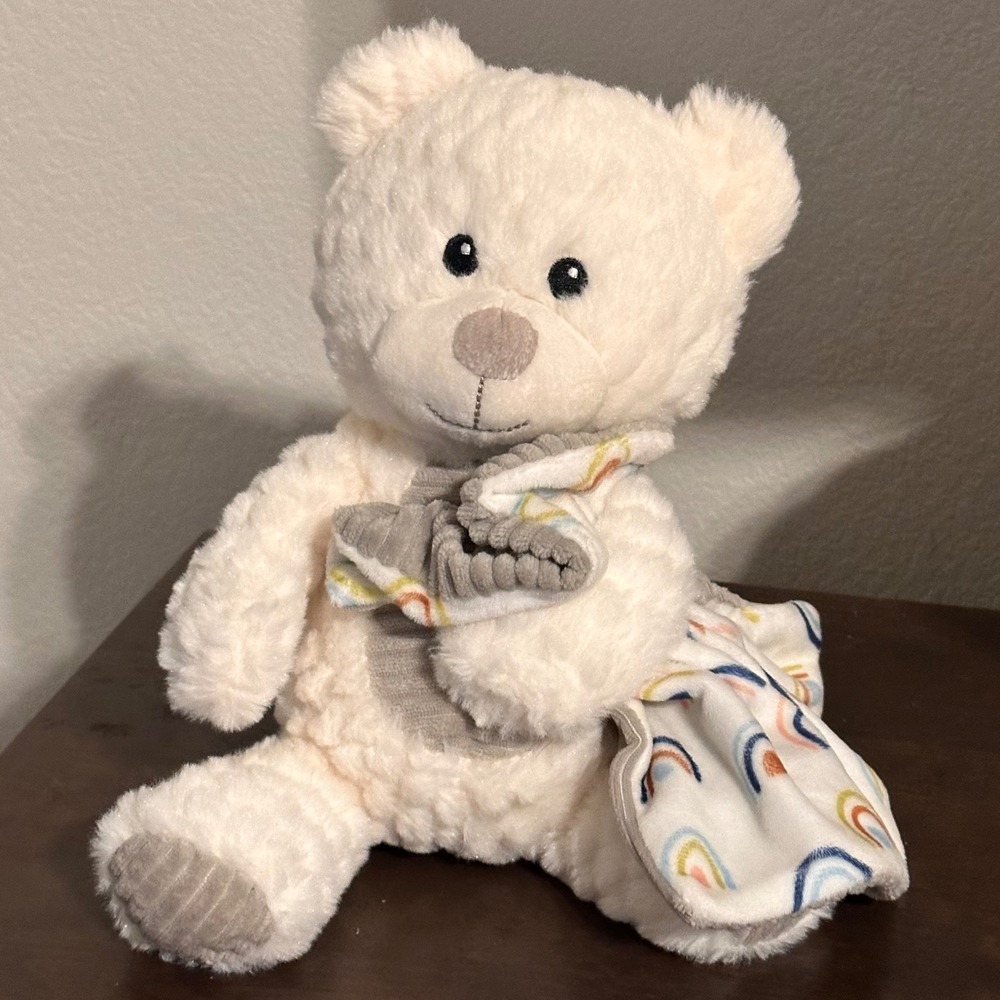 Spark Create Imagine 9" Ivory Teddy Bear Rattle Crinkle Ears Security Blanky